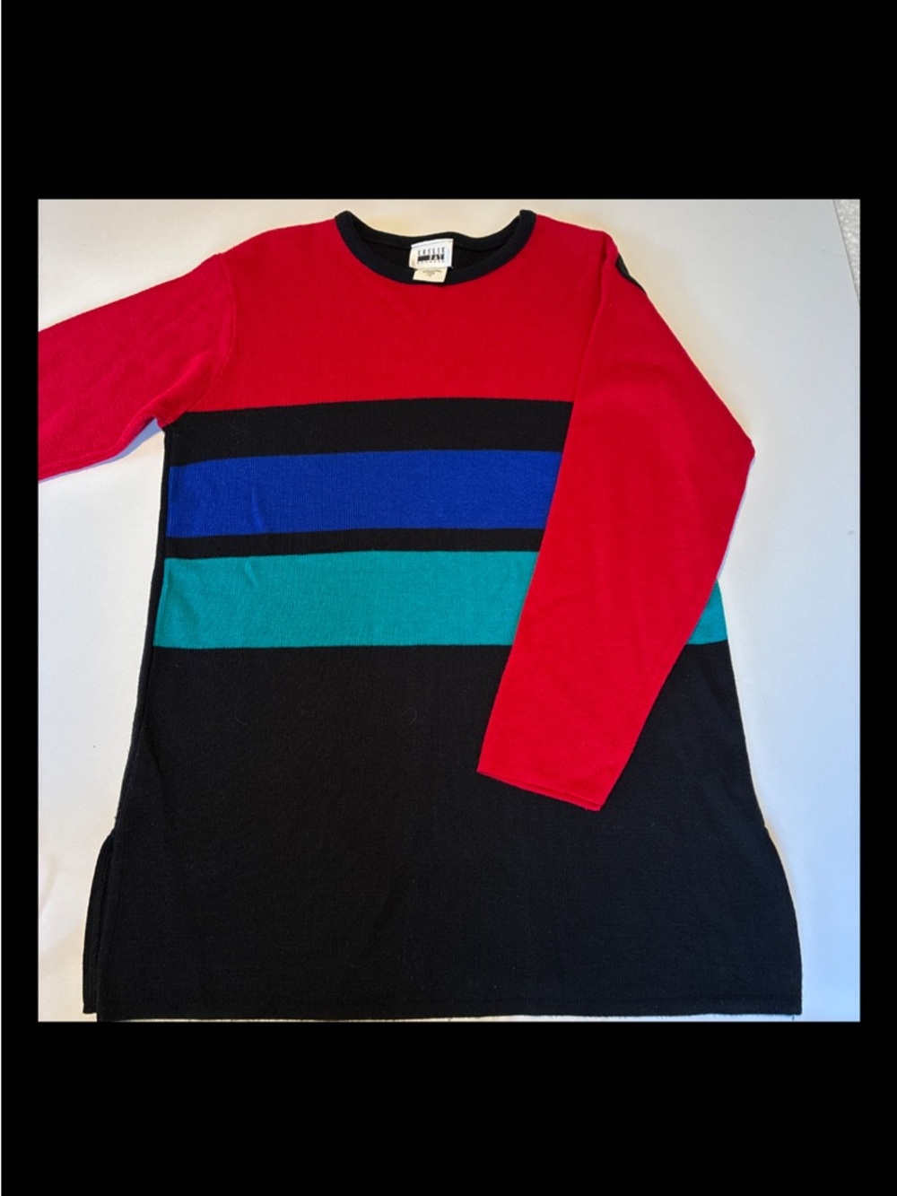 Leslie Fay Red Crewneck Sweater with Black Collar - Picture 13 of 15